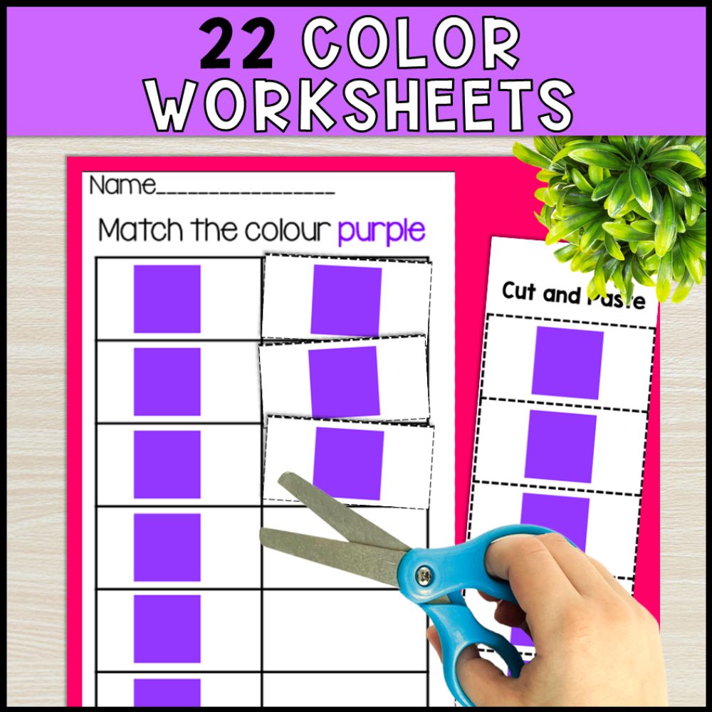 errorless learning cut and paste activities, 22 color worksheets, letters and more