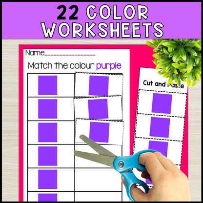 errorless learning cut and paste activities, 22 color worksheets, letters and more