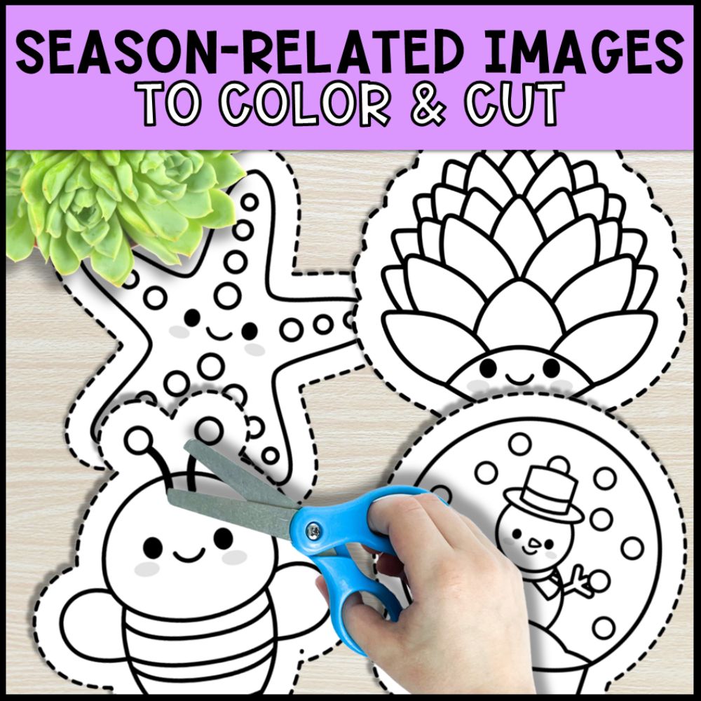fine motor cutting practice for special education - 4 seasons related images to color and cut