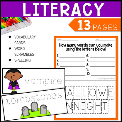 halloween math, literacy, and art 13 literacy pages