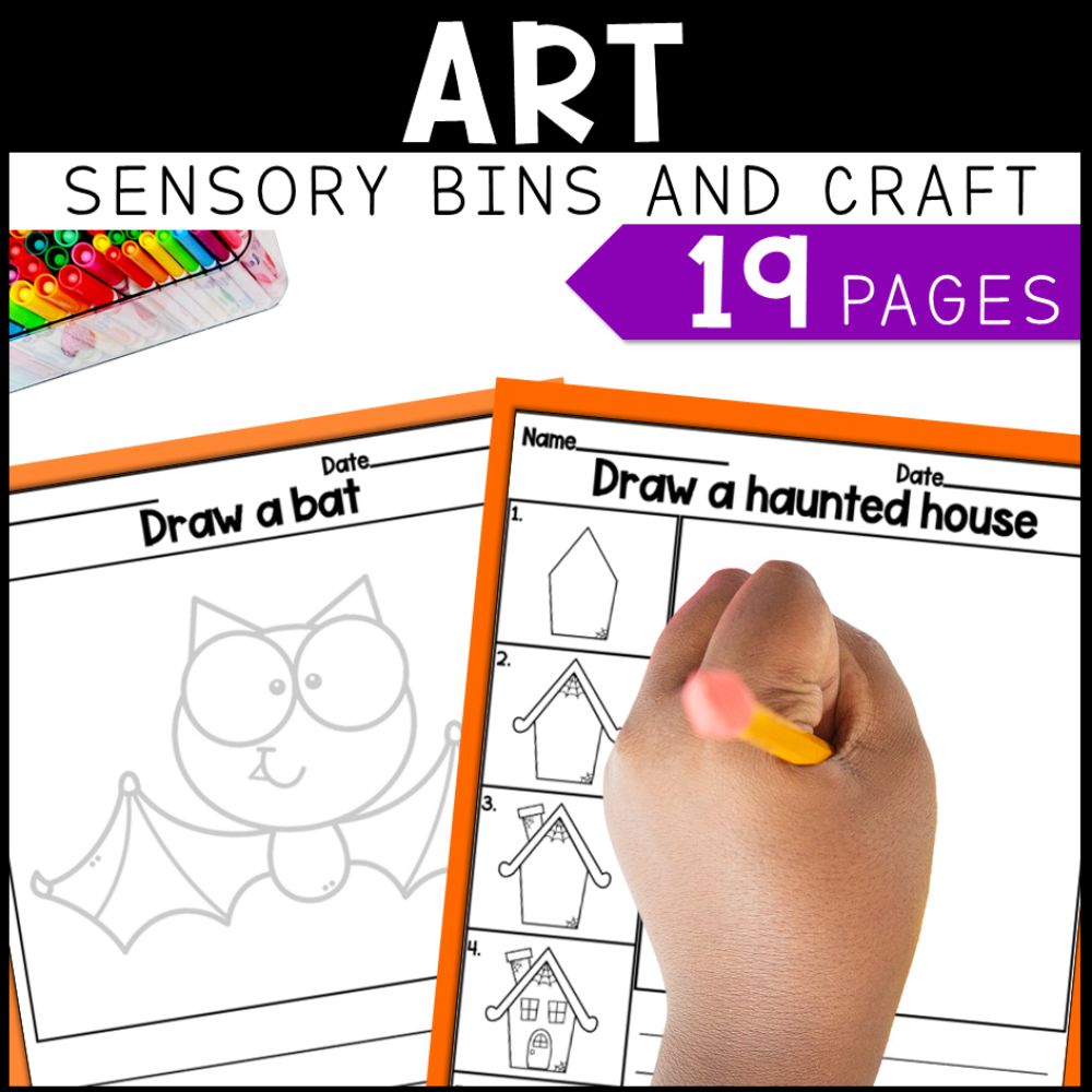 halloween math, literacy, and art sensory bins and craft