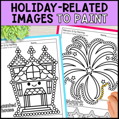 Holiday Q Tip Painting Fine Motor Skills Worksheets - No Prep