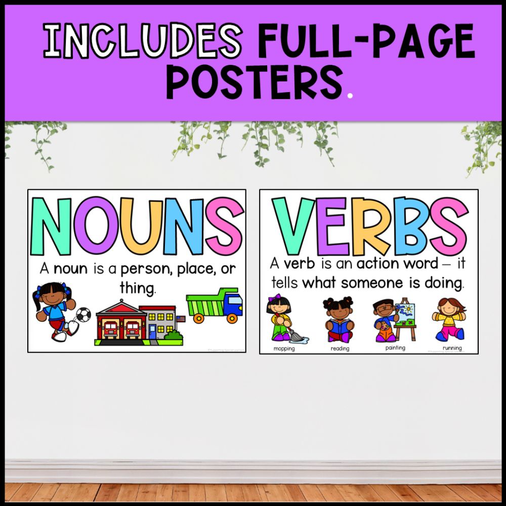 Nouns & Verbs Activities: Task Boxes, File Folders, Posters