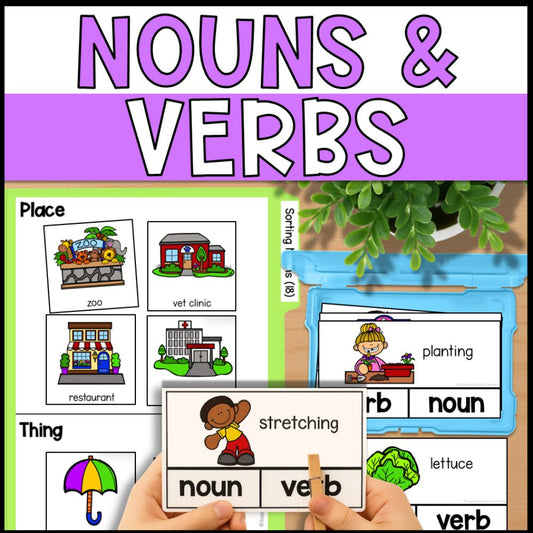 Nouns & Verbs Activities: Task Boxes, File Folders, Posters