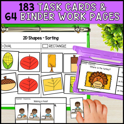 november special education basic concepts ela math worksheets task cards and binder work pages