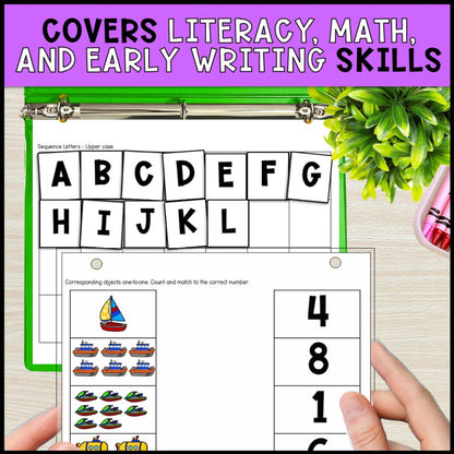 pre-k summer packet and kindergarten readiness assessment cover literacy, math and early writing skills