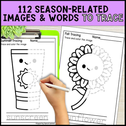 seasonal tracing worksheets and fine motor activities bundle 112 season related images and words to trace