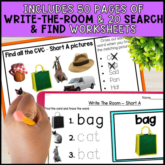 short vowel cvc words bundle with real photos for special education 50 pages of write the room and 20 worksheets
