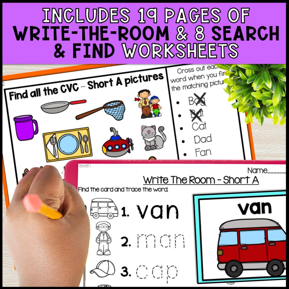 short a cvc words write the room and search and find worksheets