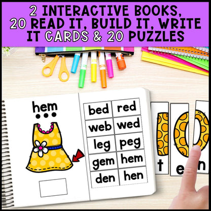 short e cvc words interactive books, write it cards and puzzles