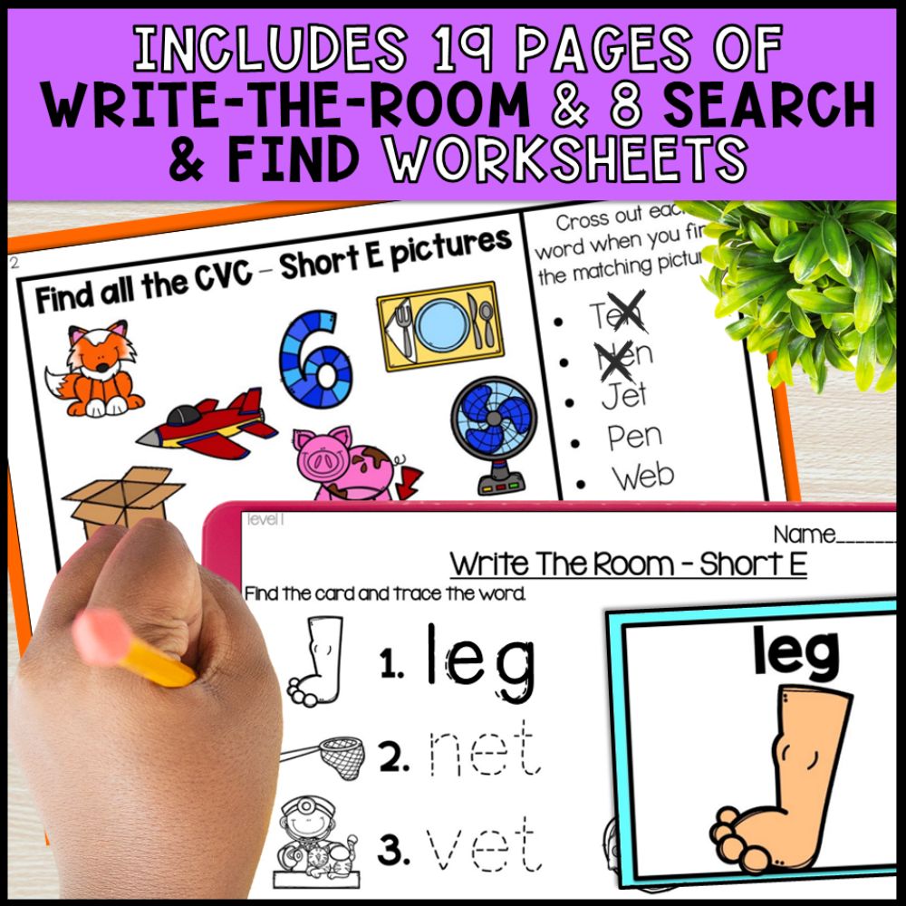 short e cvc words write the room and search and find worksheets