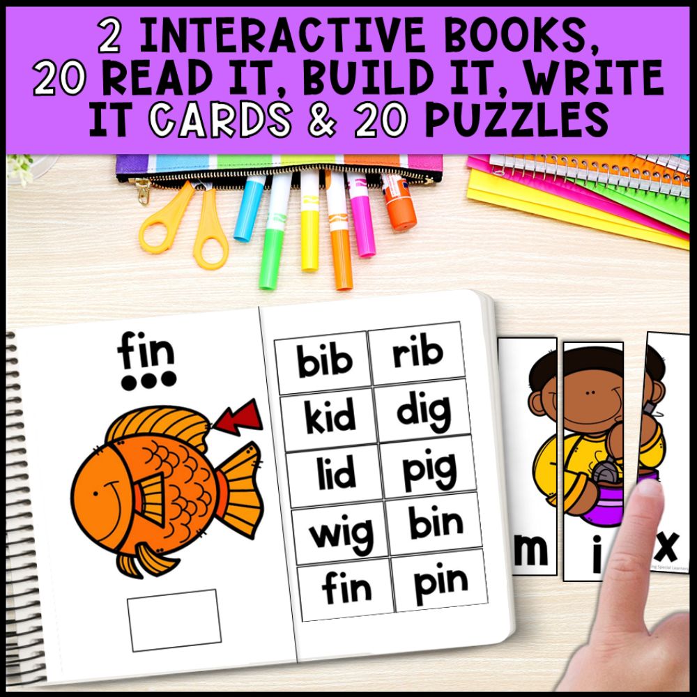 short i cvc words interactive books, write it cards and puzzles
