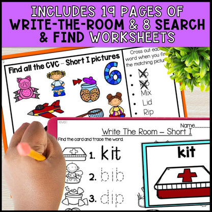 short i cvc words write the room and search and find worksheets