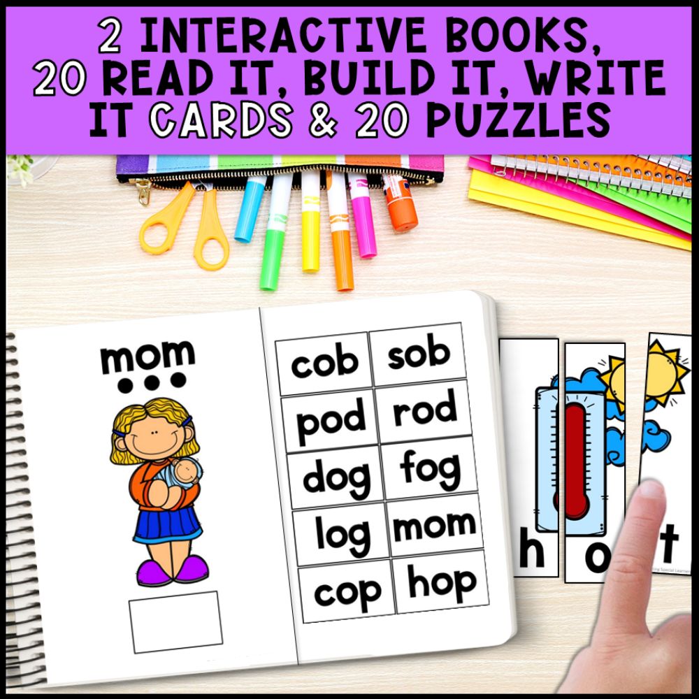 short o cvc words interactive books, write it cards and puzzles