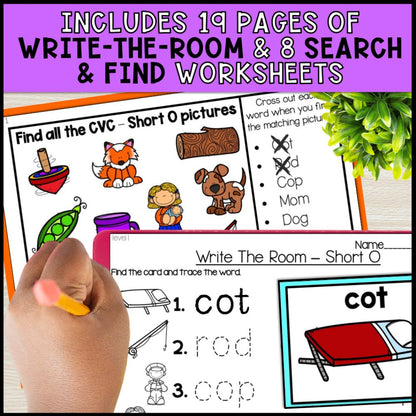 short o cvc words write the room and search and find worksheets