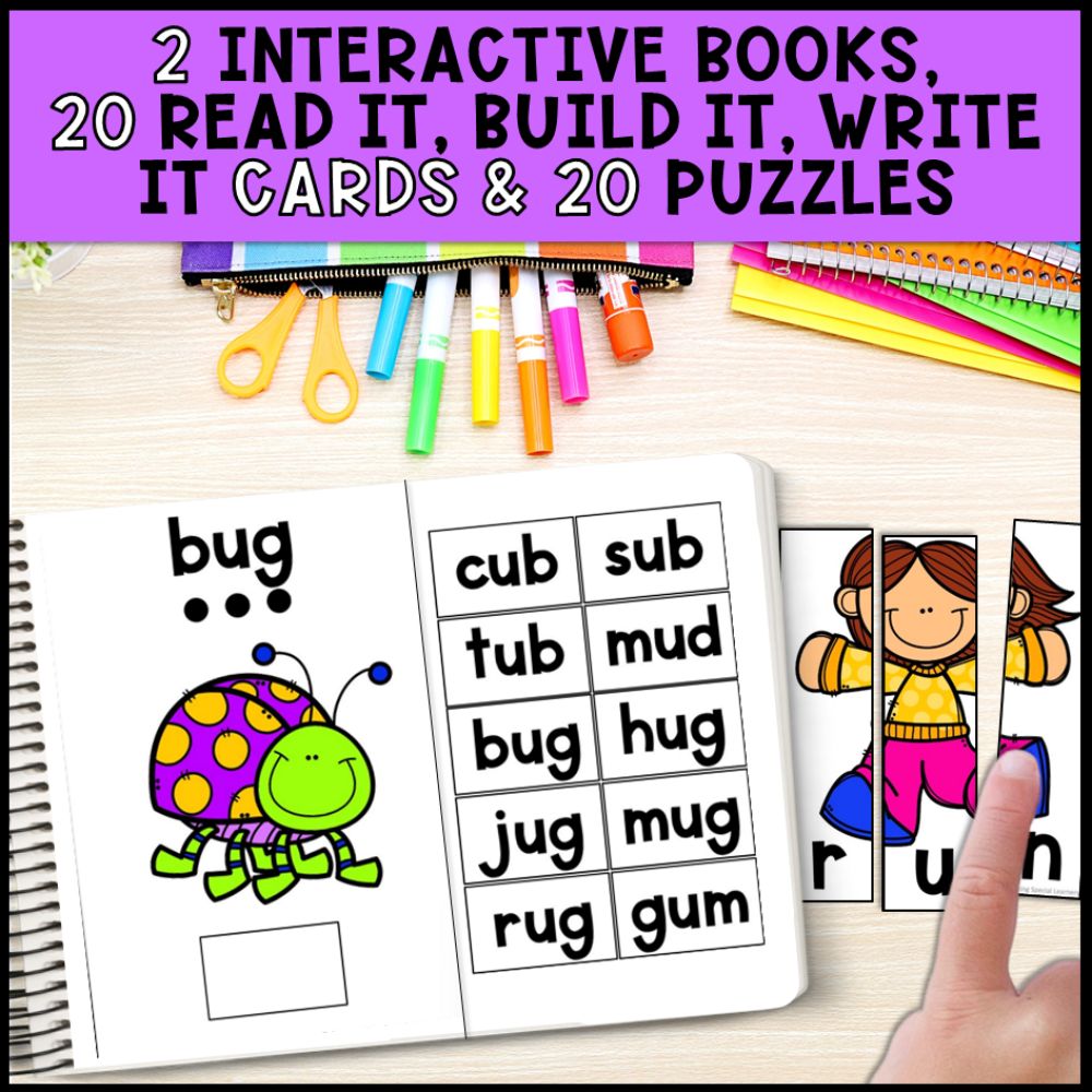 short u cvc words interactive books, write it cards and puzzles