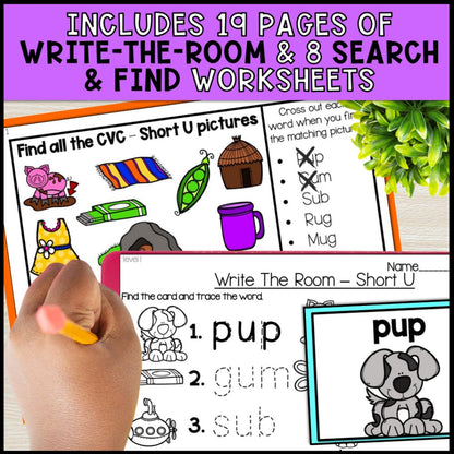 short u cvc words write the room and search and find worksheets