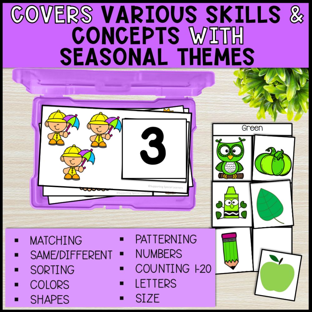 special education task boxes covers various skills and concepts