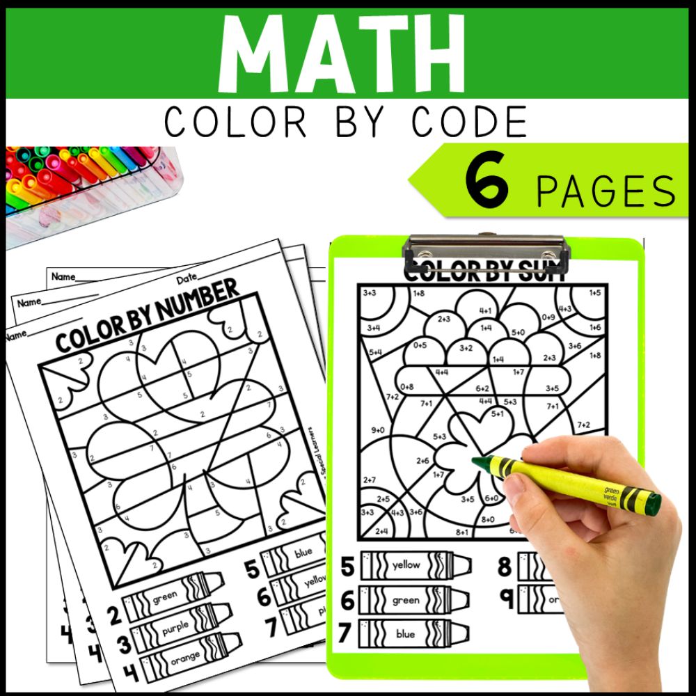 st patricks math, literacy and art color by code