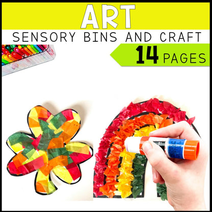 st patricks math, literacy and art sensory bins and craft