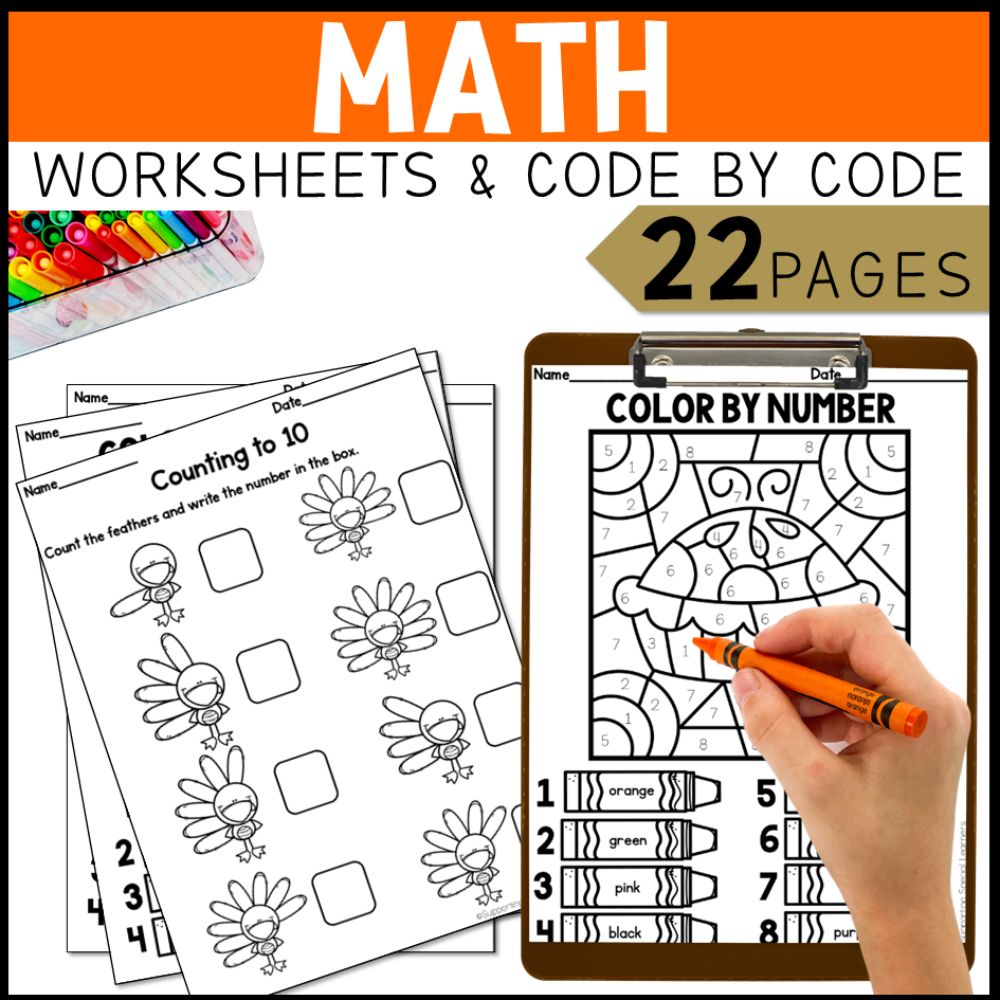 thanksgiving math, literacy and art activities worksheets and color by code