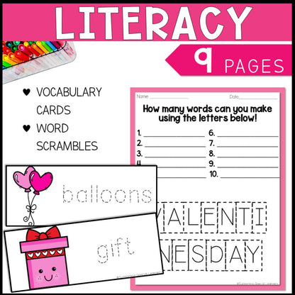 valentines math, literacy and art 9 literacy pages