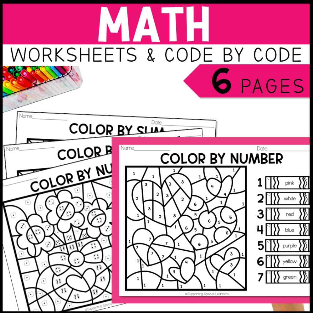valentines math, literacy and art worksheets and code by code