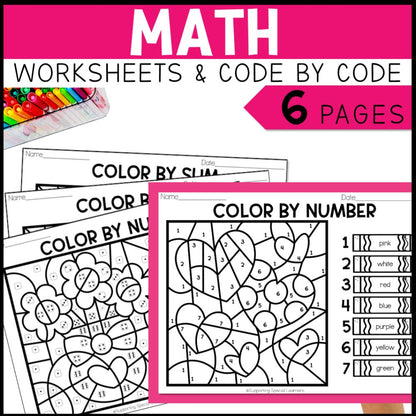 valentines math, literacy and art worksheets and code by code
