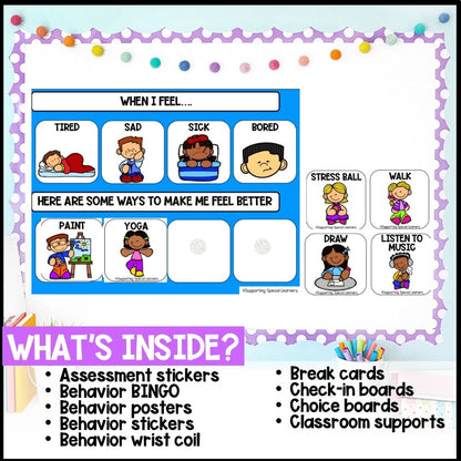 visuals and behavior supports assessment stickers, bingo, posters, stickers, wrist coil, break cards, check-in boards, choice boards and classroom supports