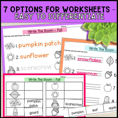 write the room activities fall theme - special education 7 options for worksheets